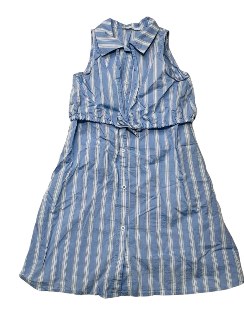 Zara Blue and White Striped Sleeveless Shirt Dress